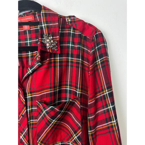 VTG SAKS FIFTH AVENUE CHRISTMAS PLAID M RHINESTONE COLLAR SHIRT VISCOSE Snap B3 - Picture 2 of 7